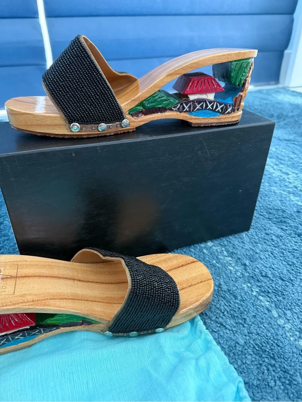 Hand-Painted Wooden Wedge Slide Sandals - Black